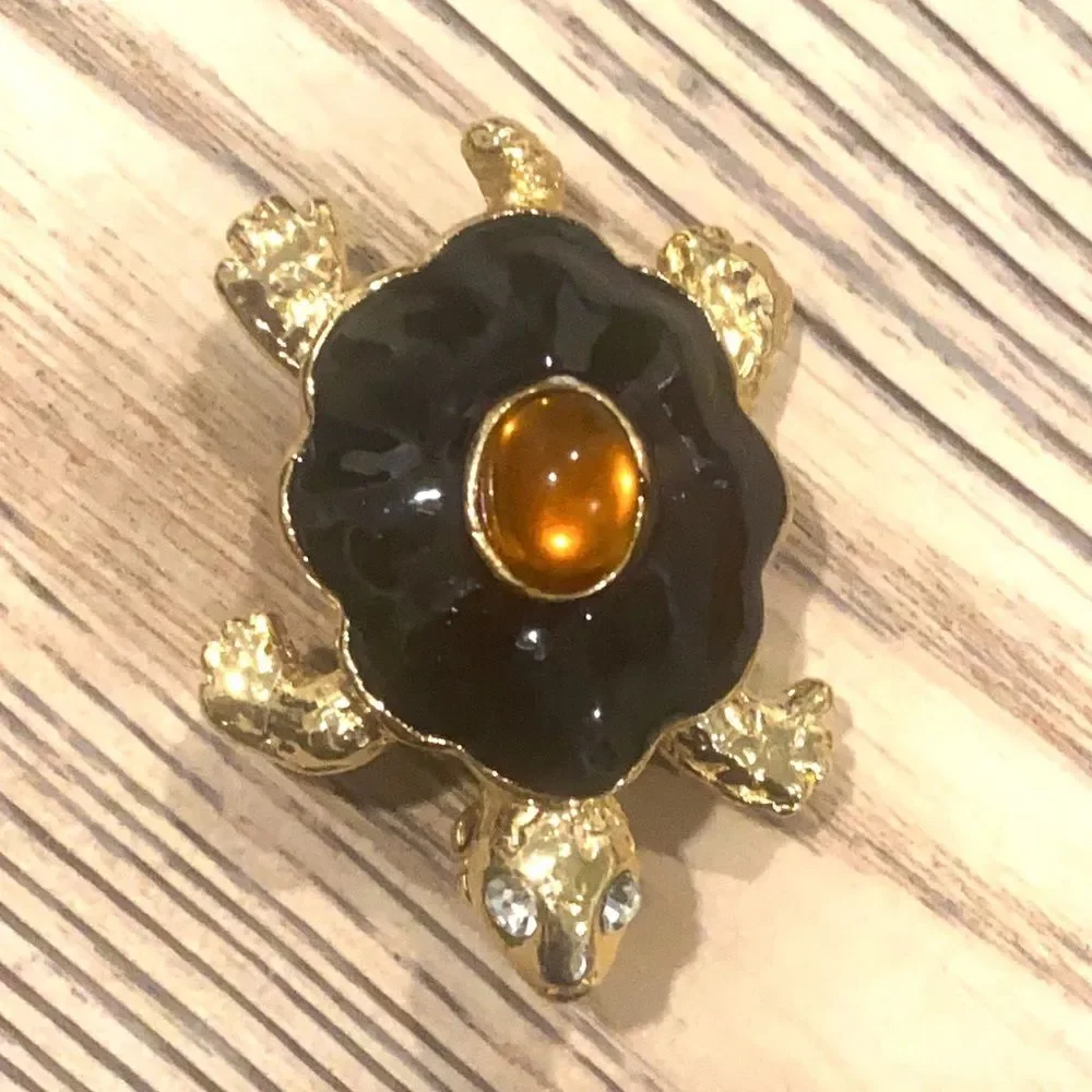 Vintage Gold Enamel Amber Stone Turtle Pin Brooch